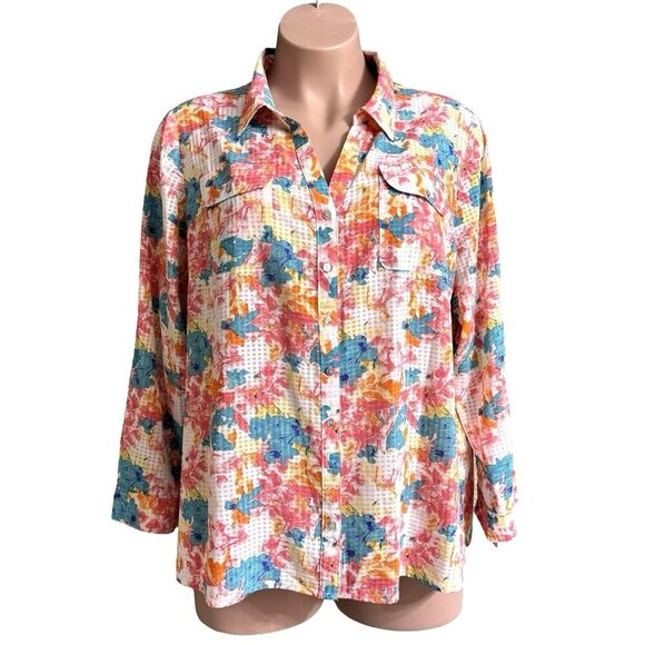 KIM ROGERS‎ WOMAN Roll Tab Blouse Women 3X Multicolor Button Up Pockets Silky - Picture 1 of 16
